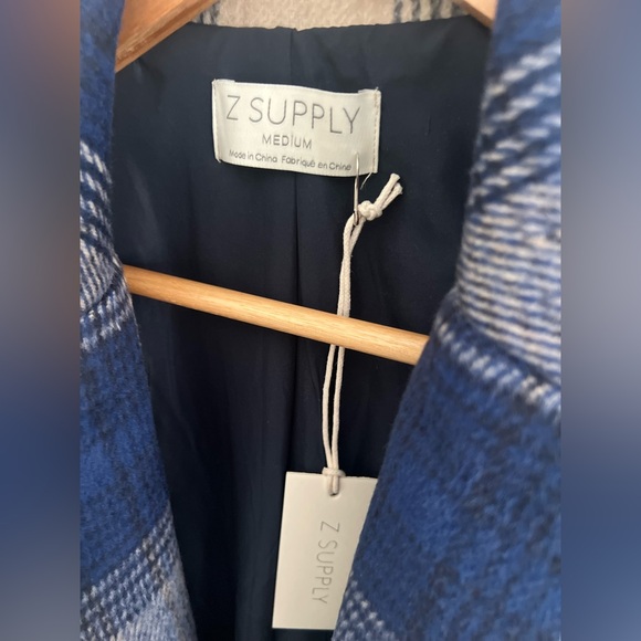 Z Supply Blue Plaid Fringe Open-Front Coat NWT Mid-weight Checked Long Jacket - Picture 6 of 7